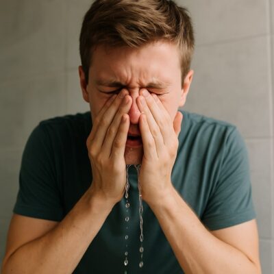 Ragazzo si sciacqua il viso con acqua